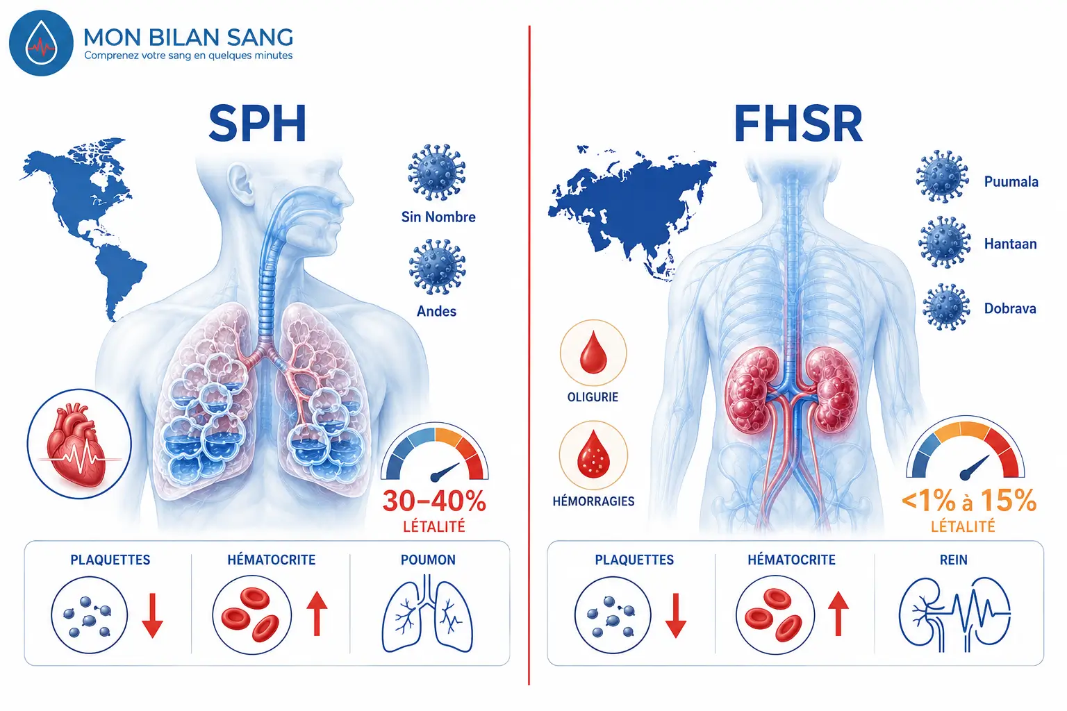 Comparaison clinique entre le Syndrome Pulmonaire à Hantavirus (SPH) et la Fièvre Hémorragique avec Syndrome Rénal (FHSR) : organes cibles, létalité, espèces virales associées, durée d'incubation, biomarqueurs sanguins dominants