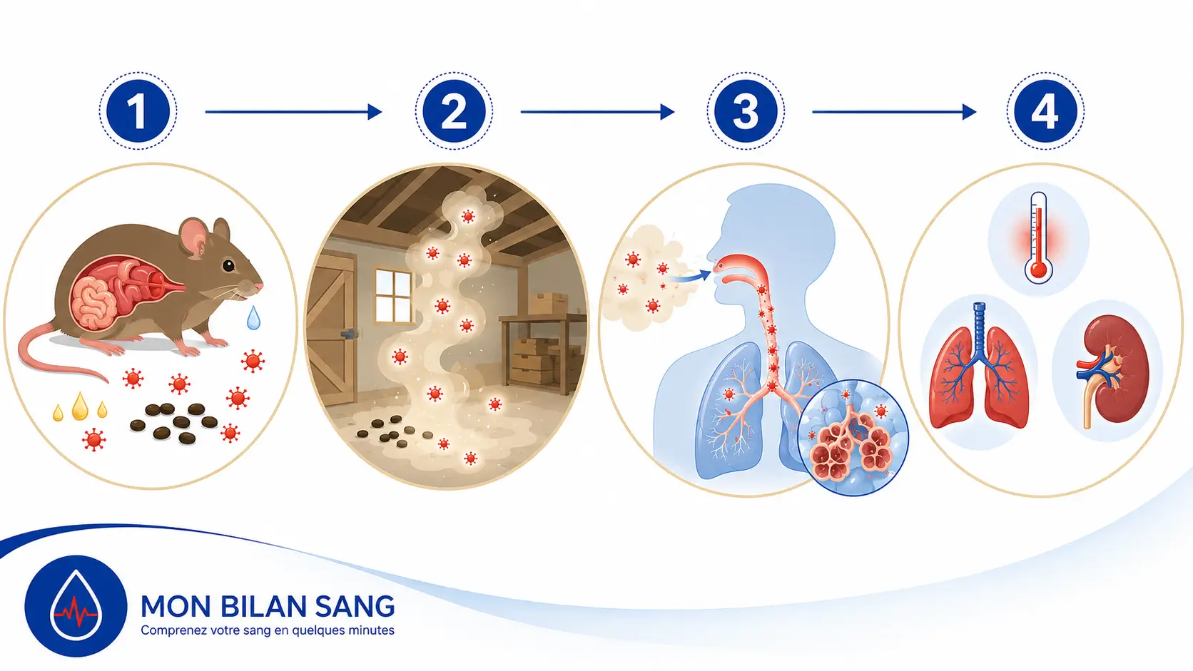 Schéma du cycle de transmission du hantavirus : rongeur réservoir (mulot, campagnol, rat) excrétant le virus dans l'urine, les selles et la salive, contamination de l'environnement (poussière, locaux fermés), inhalation par l'humain et infection pulmonaire ou rénale