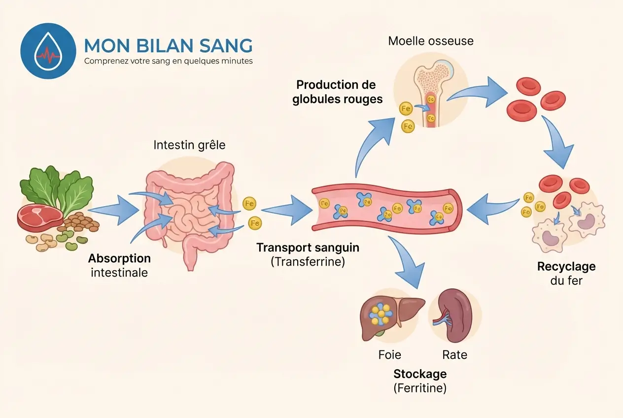 Diagramme illustrant le cycle du fer dans le corps : absorption intestinale, transport par la transferrine, utilisation par la moelle osseuse, stockage sous forme de ferritine et recyclage