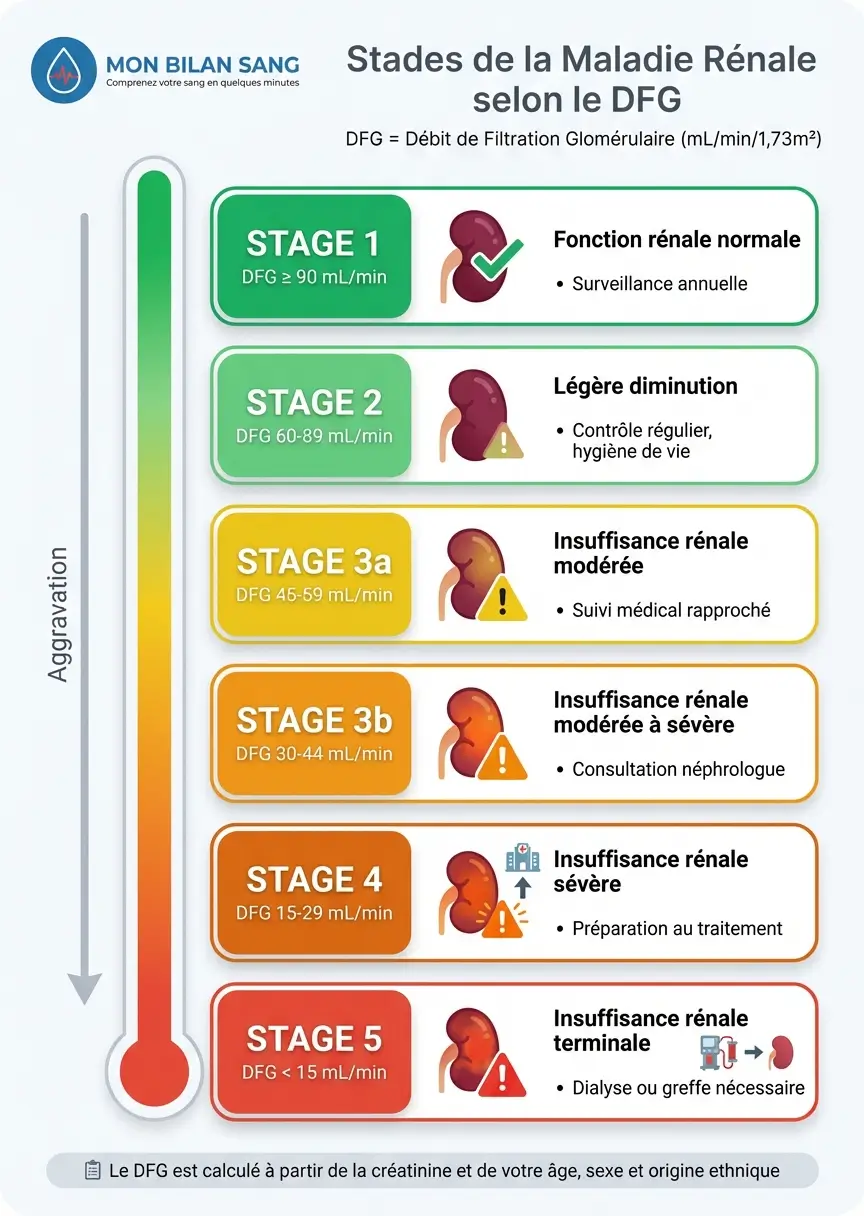 Graphique montrant les 5 stades de la maladie rénale : stade 1 DFG supérieur à 90 (normal), stade 2 DFG 60-89 (légère diminution), stade 3 DFG 30-59 (modérée), stade 4 DFG 15-29 (sévère), stade 5 DFG inférieur à 15 (terminale)