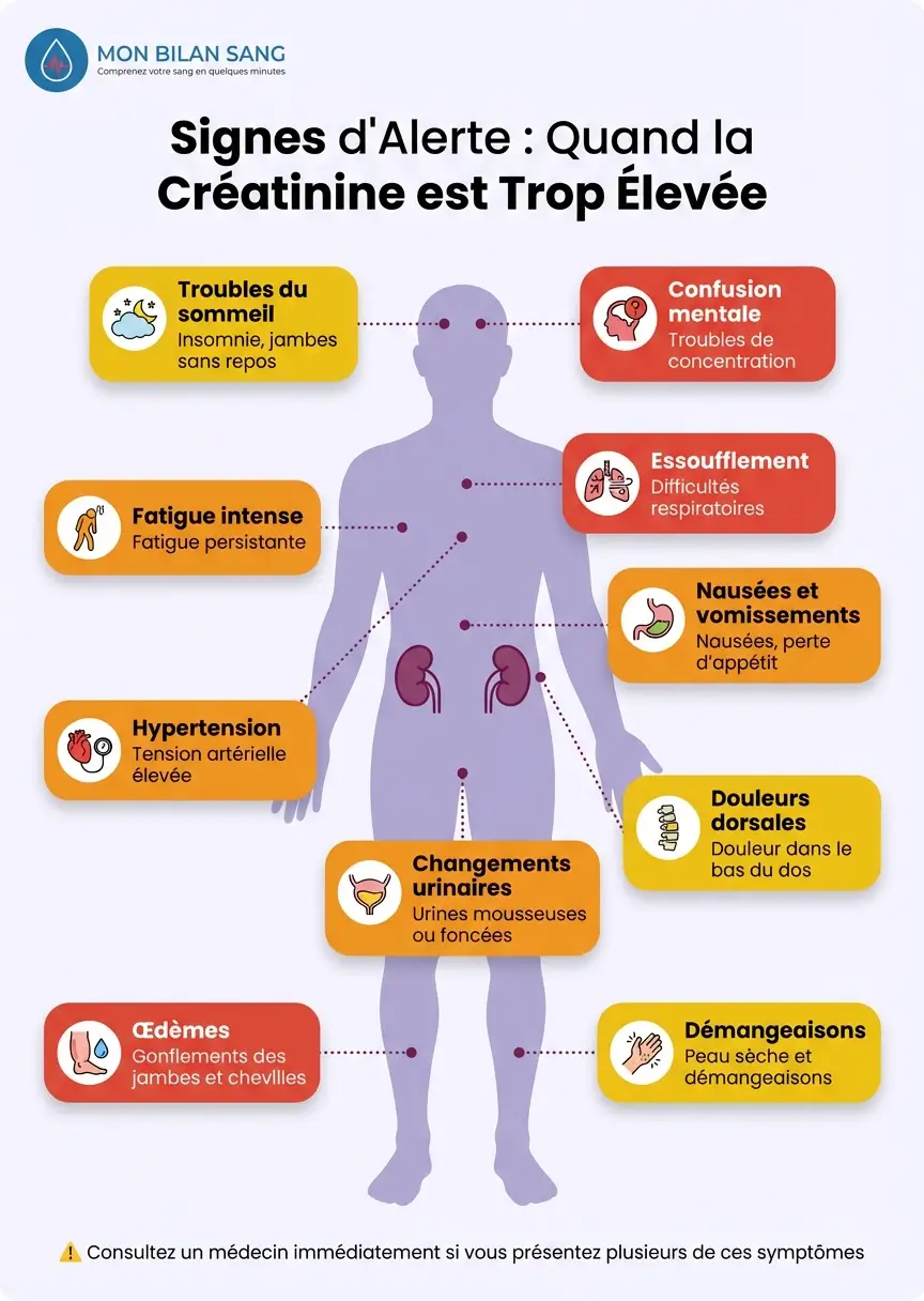 Infographie montrant les 10 symptômes d'une créatinine élevée : fatigue, nausées, œdèmes des jambes, urines anormales, essoufflement, confusion, troubles du sommeil, douleurs dorsales, hypertension et démangeaisons