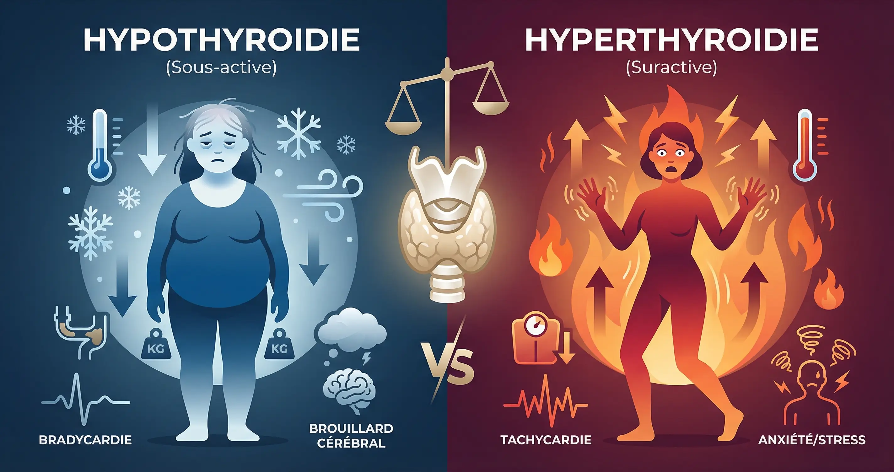 Comparatif des symptômes de l'hypothyroïdie et de l'hyperthyroïdie - Guide visuel diagnostic