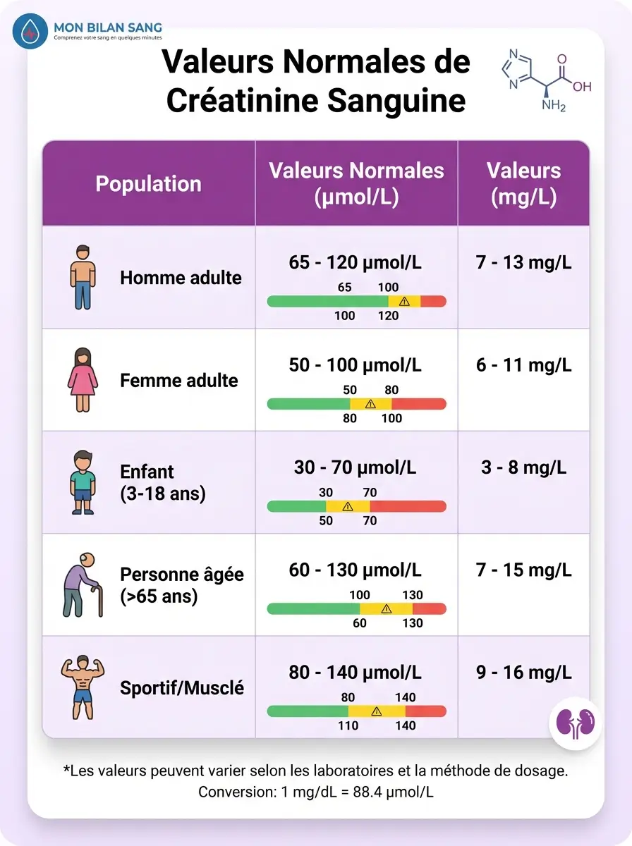 Tableau infographique montrant les valeurs normales de créatinine : homme adulte 65-120 µmol/L, femme adulte 50-100 µmol/L, enfant 30-70 µmol/L, personne âgée 60-130 µmol/L